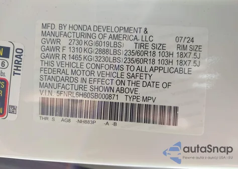 2025 Honda Odyssey Exl z USA, uszkodzony, nr VIN 5FNRL6H60SB000871